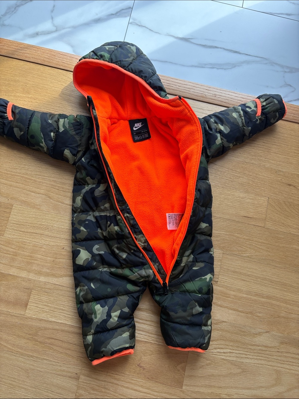 Nike Camo Puffer One-Piece with Bright Orange Lining